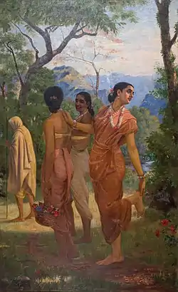 Shakuntala, wife of Dushyanta and the mother of Emperor Bharata, from Kalidasa's play Abhijñānaśākuntala, wearing a sari, painting by Raja Ravi Varma, c.1870.