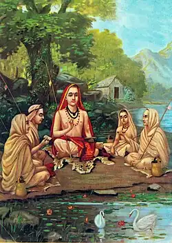 Painting of a sage and four disciples, sitting near water