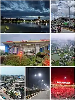 Clock wise: First Photo - Rangia Eco Park Night View. Second Photo - Rangia city Roads View. Third Photo - Rangia Junction Picture. 4th Photo - Rangia Eco Park & Rangiya Junction Sky View. 5th Photo - Rangia Sky View. 6th Photo - Rangia city Roads in Night View. 7th Photo - I Love Rangia Point Night View