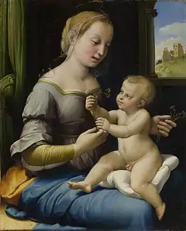 In the painting Madonna of the Pinks by Raphael, c. 1506–07, the Christ Child gives a pink flower to the Virgin Mary, symbolizing the union between the mother and child.