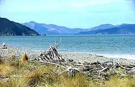 View of Te Koko-o-Kupe / Cloudy Bay from a beach