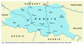 Approximate territory that, according to various sources, was ethnographically named Rascia (Raška, Racszag, Ráczország, Ratzenland, Rezenland) between 16th and 18th century