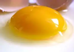 The yolk of a raw egg. The color comes from the xanthophyll carotenoids lutein and zeaxanthin