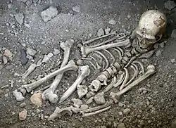 A disarticulated skeleton in a gravelly pit