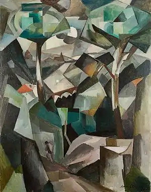 Albert Gleizes, 1911, Le Chemin, Paysage à Meudon, oil on canvas, 146.4 x 114.4 cm. Exhibited at Salon des Indépendants, 1911, Salon des Indépendants, Bruxelles, 1911, Galeries J. Dalmau, Barcelona, 1912, Galerie La Boétie, Salon de La Section d'Or, 1912, stolen by Nazi occupiers from the home of collector Alphonse Kann during World War II, returned to its rightful owners in 1997.