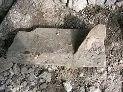 A reworked stone window ledge, possibly from Kilwinning Abbey, used in the weir at the central pier