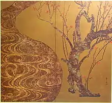 Painting of tree with red blossoms, against a yellow background