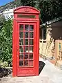 British-style red telephone box.