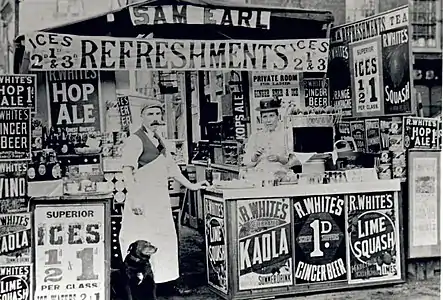 Image 35R. White's soft drinks sold in London. Selling carbonated lemonade in 1845, by 1887 they sold strawberry soda, raspberry soda and cherryade. (from Culture of the United Kingdom)