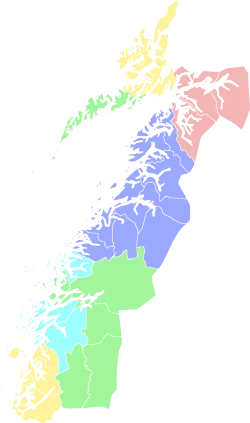 The light blue, yellow and green area in South of the map is the Helgeland district