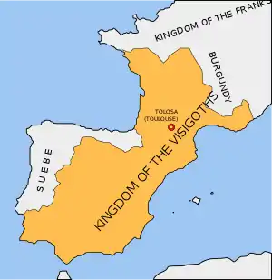 Map of France and Spain, with the Kingdom of the Visigoths in orange