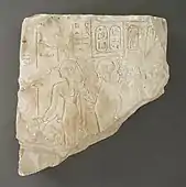 The Memphite Triad on a Solar barque including Ptah, Sekhmet, and Nefertem.Relief fragment depicting Imenet, Ptah and Amenhotep I; 1569–1081 BC; limestone; 21 × 17.5 cm; Los Angeles County Museum of Art (US)