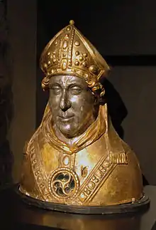 Bust containing the relics of St Engelbert of Cologne, Engelbert II of Berg, Archbishop of Cologne, imperial administrator and guardian of Henry VII of Germany, whom he crowned in 1222 as King of the Romans. It was said that despite his personal piety he was more of a monarch than a churchman.