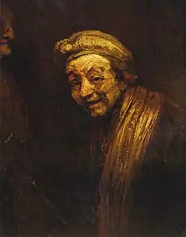 Self Portrait as Zeuxis (c. 1662), one of two self-portraits in which Rembrandt is turned to the left. at Wallraf–Richartz Museum in Cologne