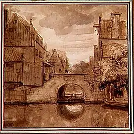 Rembrandt van Rijn. View of the Grimnessesluis in Amsterdam. Pen and brown ink, brown wash.