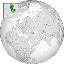 Territory controlled by Artsakh between 10 November 2020 and 19 Sept 2023 shown in dark green; territory claimed but not controlled shown in light green; Lachin corridor shown in white