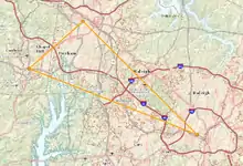 Image 3Map of Research Triangle, with points representing NC State University, Duke University, and University of North Carolina at Chapel Hill (from History of North Carolina)