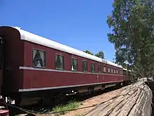 A latter-day narrow-gauge Ghan restaurant car retained at the Old Ghan Heritage Railway and Museum, Alice Springs, in 2009