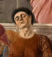 Piero della Francesca as a sleeping soldier in his Resurrection, 1463, fresco, Sansepolcro.