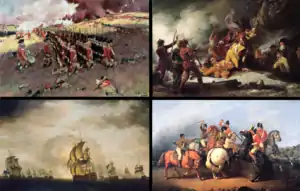 Clockwise from top left: Battle of Bunker Hill, Death of Montgomery at Quebec, Battle of Cowpens, "Moonlight Battle"