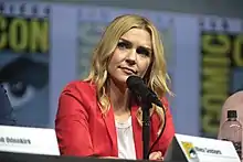 Rhea Seehorn speaking at the 2018 San Diego Comic-Con International, for "Better Call Saul", at the San Diego Convention Center in San Diego, California.