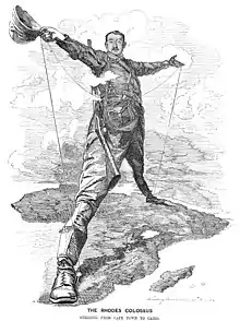 Image 4Cecil Rhodes, as The Rhodes Colossus, wishes for a railway stretching across Africa from the Cape of Good Hope to Egypt. (from Political cartoon)