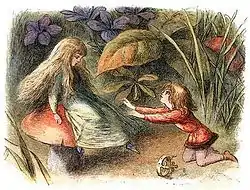 girl with waistlength hair sits on a red mushroom facing a young boy kneeling on the ground arms outstretched against a background of large flowers and leaves