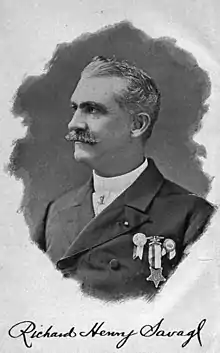 monochrome sketch of a man facing to the left, the man wearing a white tuxedo shirt and coat decorated with three military campaign ribbons