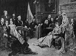 Painting by Georg Papperitz (1846-1918) shows Franz von Lenbach, Siegfried Wagner, Cosima Wagner, Mrs Materna, Richard Wagner, Hermann Levi, Hans Richter, Franz Liszt (at the piano) and others; painting of Ludwig II of Bavaria hanging at the wall