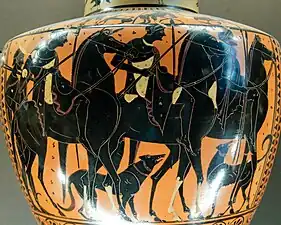 Riders and dogs. Ancient Greek Attic black-figure hydria, ca. 510–500 BC, from Vulci. Louvre Museum, Paris.