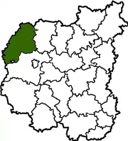 Ripky Raion within Chernihiv Oblast. The non-shaded white dot at the southern edge indicates the city of Slavutych.