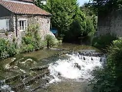 Water flowing through a channel and over a weir between a building and a wall. Vegeatation on both sides of the water.