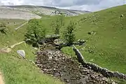 River Twiss,Raven Ray footbridge. To the north the limestone slopes of Keld Head Scars rise to the summit of Gragareth