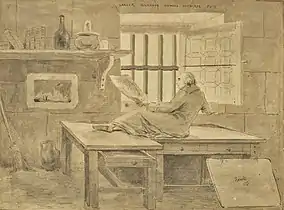 Self Portrait in Prison (ca 1793–94), ink, wash, watercolor and chalk, 17.6 x 23.8 cm., Galerie Coatalem