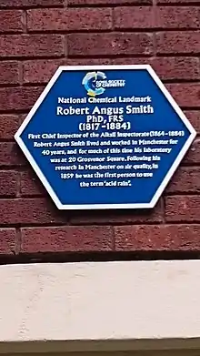 A Royal Society of Chemistry Blue plaque commemorating Smith in Grosvenor Square, the site of R. Angus Smith's laboratory