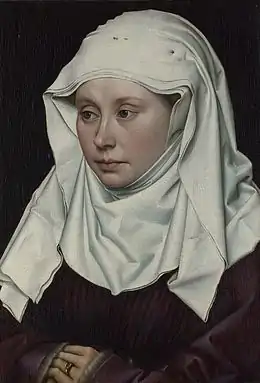 Robert Campin (c. 1375 – 1444), Portrait of a Young Woman (paired with her husband), 1430–1435. Van der Weyden's style was founded on Campin's.