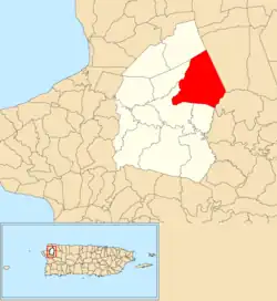 Location of Rocha within the municipality of Moca shown in red