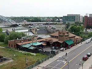 Aerial view of the Dinosaur Bar-B-Que in the Lehigh Valley Railroad Station, Rochester, New York