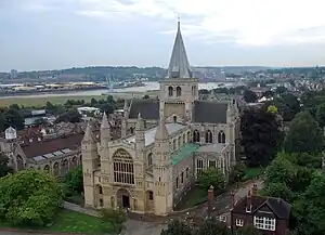 Image 27Credit: Sdwelch1031 Rochester is a large town in Kent, England, at the lowest bridging point of the River Medway about 30 miles (50 km) from London. Construction of Rochester Cathedral, shown, began in about 1080.More about Rochester... (from Portal:Kent/Selected pictures)