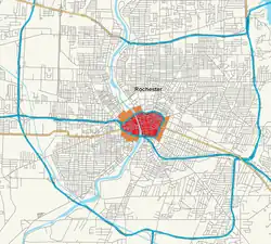 Location of downtown Rochester. Red areas are always defined as downtown; orange areas are sometimes defined as downtown.