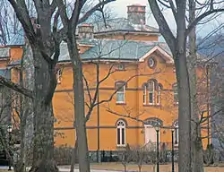 An elaborate mustard-yellow house seen through bare trees on an overcast evening