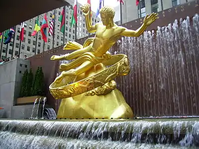 Neoclassical influences - Prometheus, a stylised Art Deco update of classical sculpture, by Paul Manship, 1936, gilded bronze, Rockefeller Center, New York