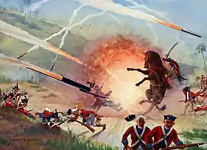 The Battle of Pollilur, where the forces of Hyder Ali effectively used Mysorean rockets and Rocket artillery against closely massed East India Company troops.