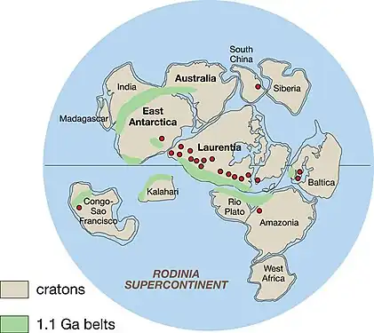 Proposed reconstruction of Rodinia for 750 million years ago