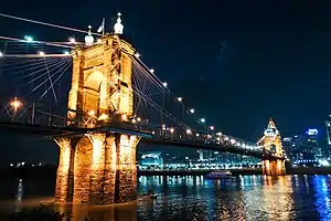 Roebling Suspension Bridge at night.