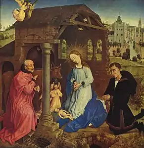 Nativity by Rogier van der Weyden, 1446. St Joseph wears a small unevolved chaperon, pulled back off the head.  The richly dressed donor has his evolved chaperon hanging behind him, with a large bourrelet and the long cornette trailing on the ground above his feet.