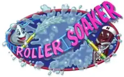 A script text of "Roller Soaker" is seen in pink lettering curving from bottom left to top right within a oval frame. The text runs along a blue track, with water being sprayed by two Hershey Chocolate characters, a Hershey kiss and Hershey chocolate bar.