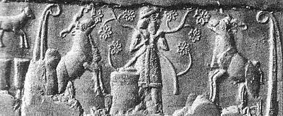 Cylinder seal impression from Uruk, showing a "king-priest" in brimmed hat and long coat feeding the herd of goddess Inanna, symbolized by two rams, framed by reed bundles as on the Uruk Vase. Late Uruk period, 3300–3000 BC. A similar king-priest also appears standing on a ship.