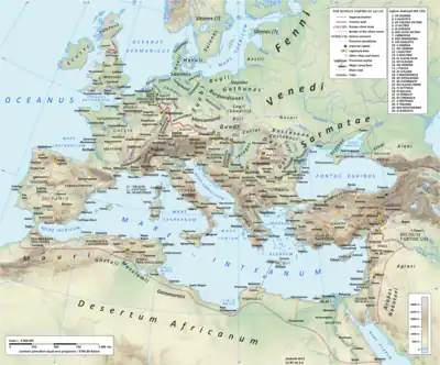 Image 50The Roman empire under Hadrian (ruled 117–138) showing the location of the Roman legions deployed in 125 AD (from Roman Empire)