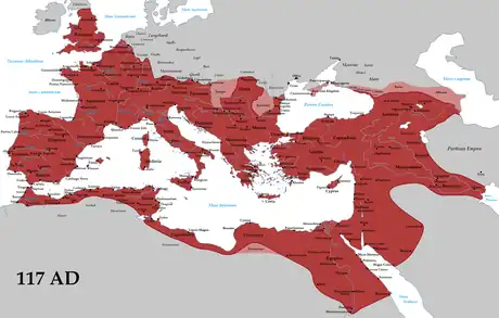 The Roman Empire in AD 117, at its greatest extent.